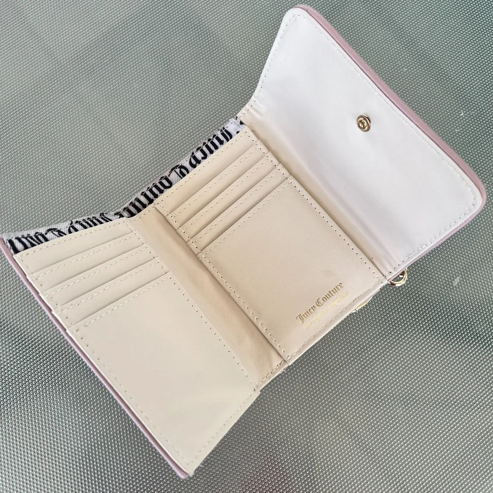 Juicy‎ Couture Pink Embossed Logo Tri Fold Card Case With Heart Keychain